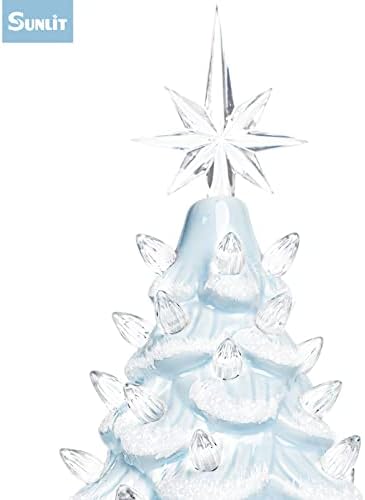 Sunlit Cordless Lighted Ceramic Christmas Tree Vintage Tabletop Christmas Decoration Pre-Lit Colorful Mini Light Bulbs 13" Traditional AA Battery Operated LED - White and Light Blue - Image 3