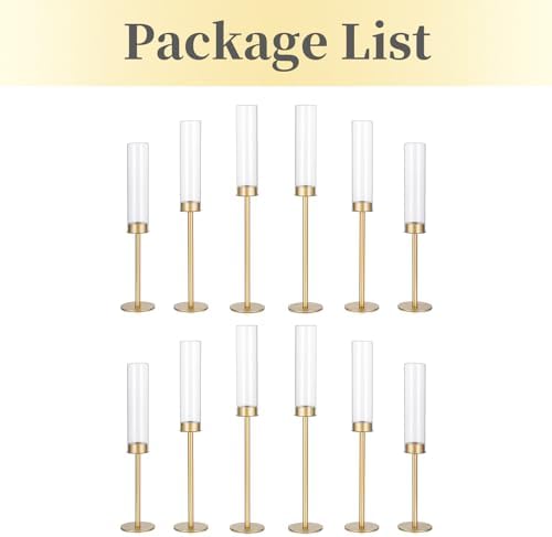 Hewory Gold Candlestick Holders: 12PCS Glass Hurricane with Tall Brass Base - Image 5