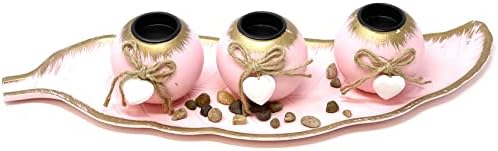 allgala Wooden Candle Holder Tray 3 Ball Orbs Set Tealight Candle Holder Centerpiece with Pebbles on Leaf Tray for Coffee Table Dining Table Accents Bowl for Living Room Décor-Pink-HD90407 - Image 2