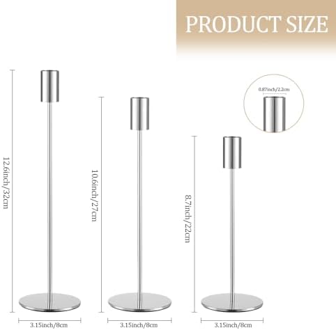Set of 3 Silver Taper Candle Holders, Metal Gold Candlestick Holders, Tall Candle Holder, Fits 3/4 inch Thick Candle&Led Candles, for Table Centerpiece, Wedding, Dinning, Party Home Decor - Image 2
