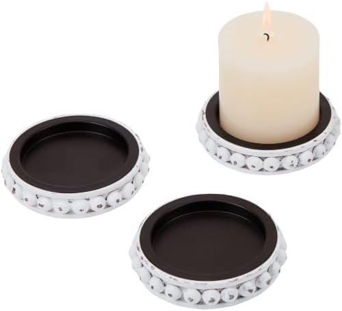 Set of 3 White Wooden Candle Holder Plate Stand for Pillar Candles by THORNIA