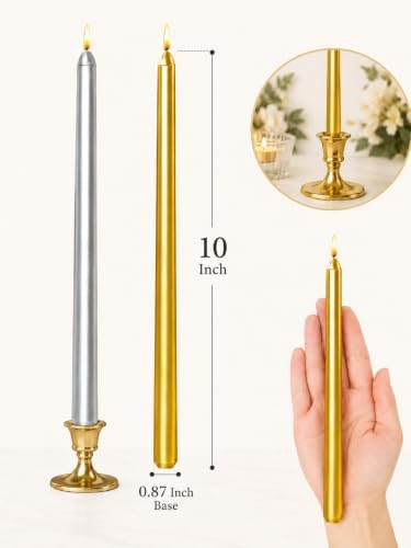 10 Inch Metallic Taper Candles - 6 Gold and 6 Silver, 7-8 Hrs Long Burning, Dripless Smokeless Unscented Candlesticks, Premium Wax Blend for Wedding Christmas Dinner Parties and Luxury Home Decor - Image 3