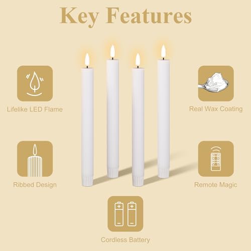 White Ribbed Flameless Taper Candles with Remote Set of 4 - Image 3