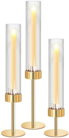 Metal & Acrylic Taper Candle Holders Set of 3 with Ribbed Design - Hurricane Clear Cylinder Candelabra for Wedding, Christmas, Party, Dining Table Centerpiece Decor (Gold, Set of 3) by KOLNLALA