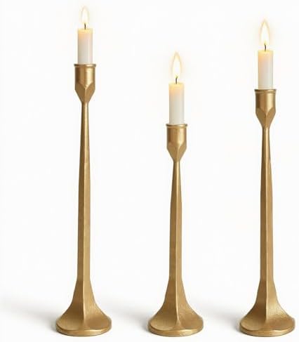 Vintage Gold Taper Candle Holders Set of 3 Cast Iron Brass Candlestick by Novyxis