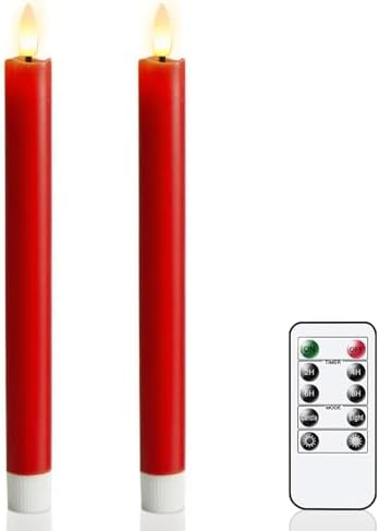 GenSwin Flameless Taper Candles with 10-Key Remote Timer, Set of 2 Red Real Wax LED Taper Candles Battery Operated, Flameless Candlesticks with 3D Wick for Halloween Christmas Decor(0.78” x 9.6”) by GenSwin