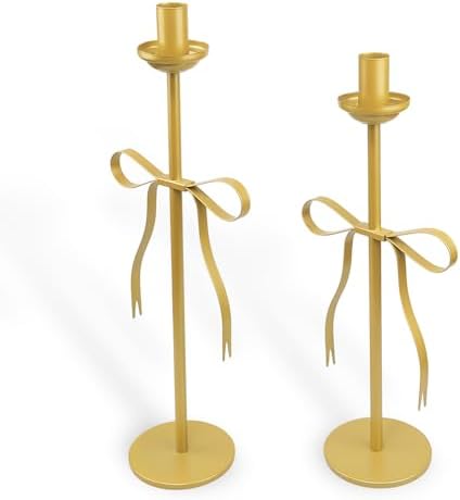 Gold Bow Taper Candle Holders Set of 2 Decorative Candle Stand by Nacidooka