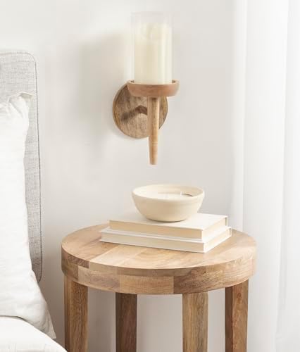 Kate and Laurel Shae Transitional Wooden Wall Sconce; 5 x 5 x 13; Natural Wood; Rustic Candle Holder with Removable Glass Cylinder for Flameless Pillar Candles - Image 3
