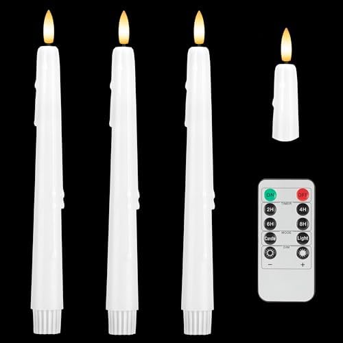 Dripless Flameless Taper Candles with Remote, Real Wax Battery Operated LED Candles Set with 3D Flickering Flame, 3Pcs White 9.6" Realistic Candlesticks as Mothers Day Gifts, Gifts for Mom by SEHNSY