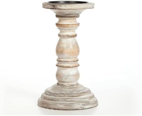 Hosley 8 Inch Distressed White Wooden Pillar Candle Holder - Rustic Farmhouse Pedestal Candlestick Stand for Real & Flameless LED Candles, Vintage Shabby Chic Table Mantel Centerpiece Decor by HOSLEY