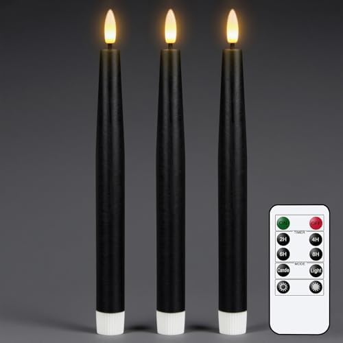 GenSwin Black Flameless Taper Candles with Remote, Halloween Flameless Candles Flickering Battery Operated, Real Wax LED Halloween Candlesticks with 3D Wick for Home Decor(Set of 3, 0.78” x 9.65”) by GenSwin