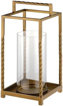 13" Modern Metal Lantern with Twisted Rope-style Frame In Antique Brass with Glass Hurricane For Pillars, String Light. Centerpiece, Mantel, Ambient Lighting, Farmhouse, Transitional, Patios, Entryway by Unknown