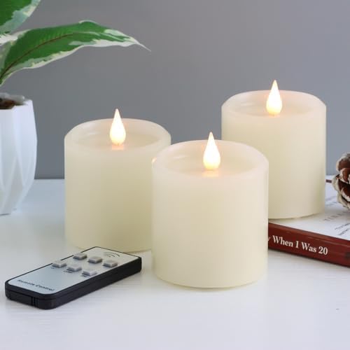 Flameless Candles with Timer, Flickering LED Candles Battery Operated with Remote, 3D Moving Flame, Real Wax 3" x 3" Electric Fake Candle for Home Party Decorations, 3 Pack by Unknown