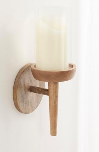Kate and Laurel Shae Transitional Wooden Wall Sconce; 5 x 5 x 13; Natural Wood; Rustic Candle Holder with Removable Glass Cylinder for Flameless Pillar Candles - Image 5