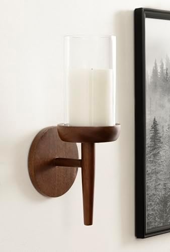 Kate and Laurel Shae Transitional Wooden Wall Sconce; 5 x 5 x 13; Walnut Brown; Modern Candle Holder with Removable Glass Cylinder for Flameless Pillar Candles in Bedroom or Entryway - Image 5