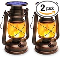 Outdoor Waterproof Solar Lanterns, 2 Pack Vintage Flickering Flame LED Hanging Lights with Auto On/Off, Rustic Solar-Powered Lamps for Patio, Garden, Yard, Deck, Pathway, and Porch Decor