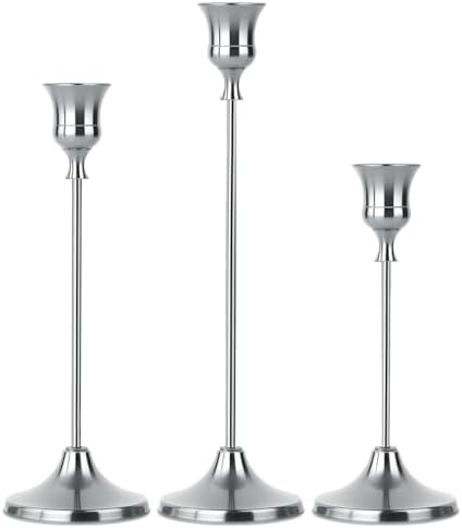 Set of 3 Silver Tapered Candle Holder,Candlestick Tall Metal Candlestick Holders for Table Centerpiece Home Decor for Wedding Fireplace Mantel Housewarming Gift Fits 3/4 Inch Thick Candles by Unknown