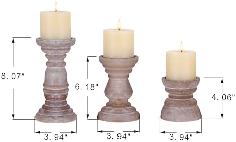 Rustic Wooden Pillar Candle Holders Set of 3 InDistressed Brown, Florence Style, Farmhouse Wooden Candle Holder, Wooden Candle Stand, Small Wooden Candlestick Holders, Living Room, Table Centerpiece - Image 2