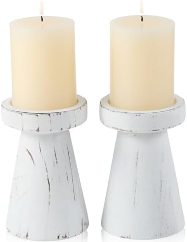 Set of 2 Rustic White Wood Candle Holders for Pillar Candles by THORNIA