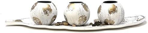allgala HD90405 Wooden Candle Holder Tray 3 Ball Orbs Set Tealight Centerpiece with Pebbles on Leaf Tray for Coffee Table Dining Table Accents Bowl for Living Room Décor (White Gold) - Image 2