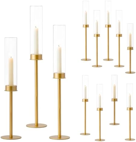 Hewory Gold Candlestick Holders: 12PCS Glass Hurricane with Tall Brass Base by Hewory
