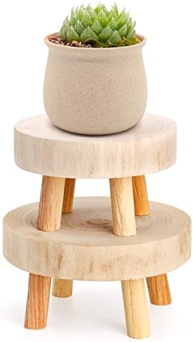 TOPZEA Set of 2 Mini Wooden Stool Display Stand, Short Boho Wood Riser Stools Small Desk Pedestal Stand for Candle, Indoor Plants, Gnome, Counter Decor by TOPZEA