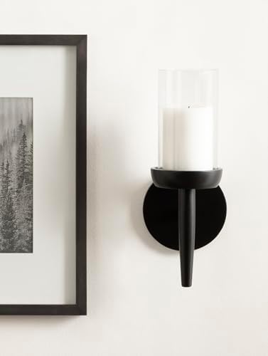 Kate and Laurel Shae Transitional Wooden Wall Sconce; 5 x 5 x 13; Black; Modern Candle Holder with Removable Glass Cylinder for Flameless Pillar Candles in Bedroom or Entryway - Image 5