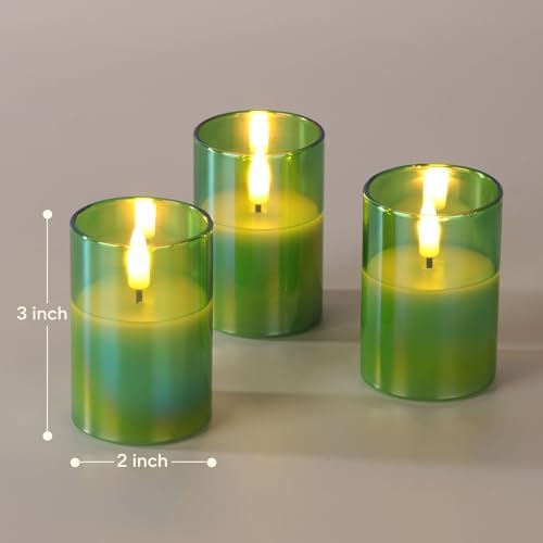 Green Christmas Flameless Votive Candles with Remote Batteries, Glass Flickering LED Battery Candles Set of 6 Φ 2" H 3" - Image 2
