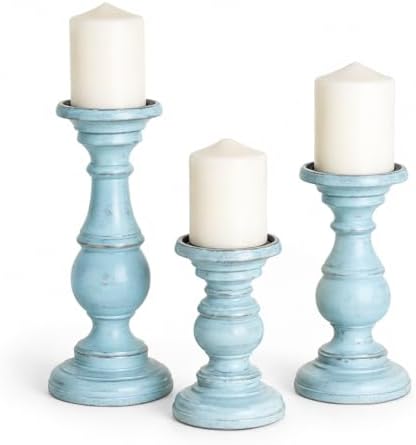 Decorative Light Blue Wood Turned Style Pillar Candle Holder with Distressed Finish, Set of 3 6", 8", 10" H, Light Blue by THOR+INSTRUMENTS