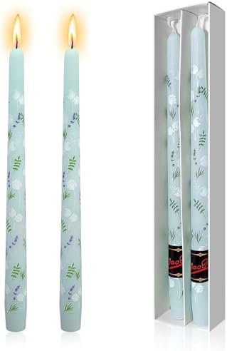 NJAO HOO Flower Candlesticks 10 in Straight Taper Candles Hand Printing Colored Blue Candlesticks Floral Tall Tapered Candle for Spring Home Garden Decor Simple Modern, 2Pcs by NJAOHOO