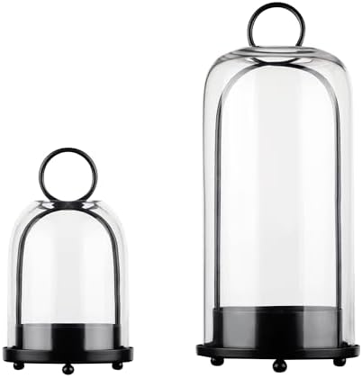 5" & 4" Wide Versatile Metal Candle Holder in Black with Handmade Thick, Heavy & Sturdy Glass Dome for Pillar Candle, Industrial, Modern, Shelf, Mantel, Veranda, Porch (Black, Large & Small) by Unknown