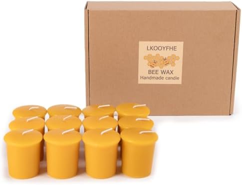 Beeswax Votive Candles 12 Pack, 2x2 Inch Pure Natural Wax Candles Smokeless & Unscented Honey Scent for Prayer, Home Decor, Emergency & Weddings, 10-Hour Burn Time (120 Hrs Total) by LKOOYFHE