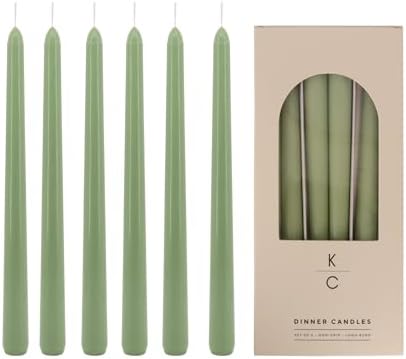 Tapered Dinner Candles, Pack of 6 – Soy & Paraffin Wax Blend, 10-Inch Dripless Taper Candles with 7-Hr. Clean Burn – Smokeless Unscented Tapers for Weddings, Dinner Tables & Home Decor – Sage by K%7CCKandleCo