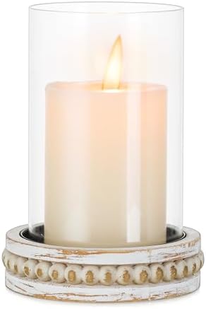 Glasseam Glass Hurricane Candle Holder, Decorative Candle Holders for Pillar Candles, Boho Candle Holders for Table Centerpiece, Glass Cylinder With Wood Beaded Candle Plate for Dining Room Decoration by Glasseam