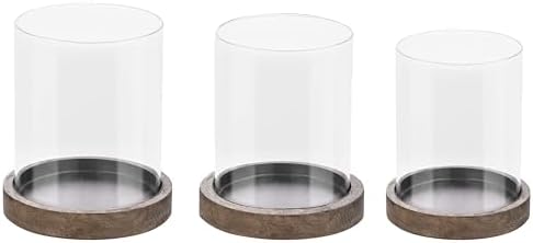 Set of 3 Glass Hurricane Candle Holders for Pillars with Vintage Natural Solid Wood Bases Crafted from Pine, Farmhouse Candlestick Holder, Centerpieces for Home, Garden, Table, Mantel, Wedding, Party by Unknown