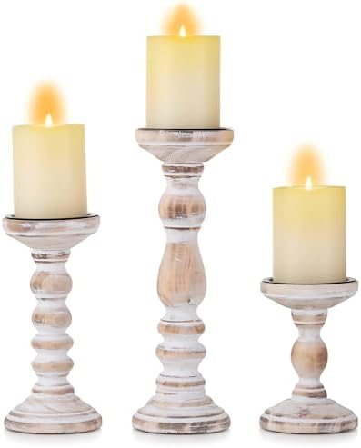 Wood Pillar Candle Holder: Rustic Distressed White Candle Stand by CreatedforWeddingsandHome