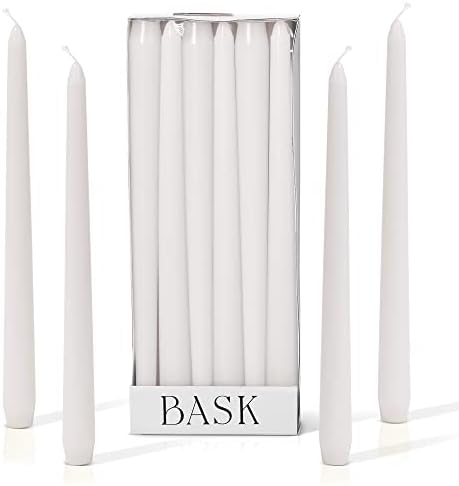 Bask 10-inch Taper Candles - Unscented and Dripless - Burns for 8 Hours - Home Decor for Dinner Table, Kitchen, and Bedroom - Perfect for a Romantic Date or Anniversary - 12-Pack - White by BaskCandles