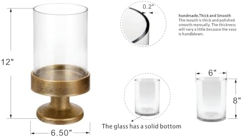 6" Wide Glass Hurricane Candle Holders and Glass Vase with Metal Base in Antique Gold, Handmade and Sturdy Glass, Pillars, Flower Arrangement, Centerpiece, Dining Table, Console Table, Mantel - Image 2