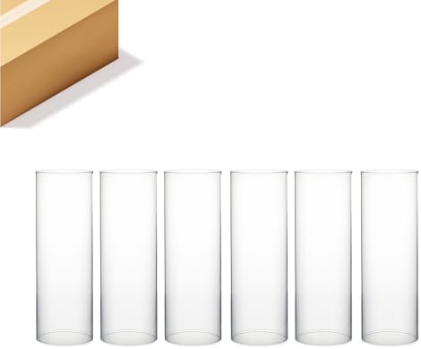 WGVI Clear Hurricane Candle Holder Sleeve, Wide 4", Height 12", 6 Pieces, Hurricane Vase, Glass Cylinder Open Ended Chimney Shade Tube For Pillar and Tapered Candleholder, Flame Cover. by WGVInternational-OpusGlassware