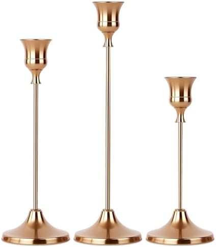 Set of 3 French Gold Tapered Candle Holder,Candlestick Tall Metal Candlestick Holders for Table Centerpiece Home Decor for Wedding Fireplace Mantel Housewarming Gift Fits 3/4 Inch Thick Candles by Unknown