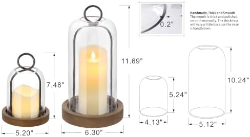 Set of 2 Versatile Rustic Metal Candle Holder with Handmade Sturdy Glass Dome and Rustic Brown Wooden Base for Pillar Candle & Plants, Industrial, Farmhouse, Shabby Chic, Display Cloche Bell Jars - Image 2