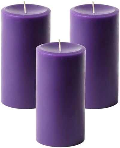 Mister Candle Dripless Unscented Pillar Candles, Set of 3 Hand Poured Purple Pillar Candles, Solid Color Non-Scented Candles for Home Decor, Premium Wax, 80 Hr Burn Time, 3x6 Inch by MisterCandle