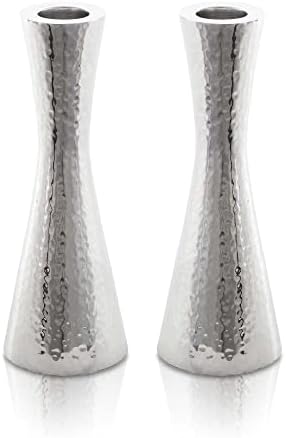 Yair Emanuel Modern Hammered Pillar Candle Holders | Shabbat Candlestick Holders | Minimal Tapered Design (Large 8.5" CR-1) by EmanuelJudaica