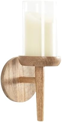 Kate and Laurel Shae Transitional Wooden Wall Sconce; 5 x 5 x 13; Natural Wood; Rustic Candle Holder with Removable Glass Cylinder for Flameless Pillar Candles by KateandLaurel
