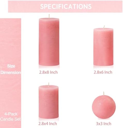 Pink Textured Pillar Candles Set - 4 Pcs Assorted Sizes Rustic Unscented Pillar Candle, Decorative Farmhouse Candles for Home Centerpiece Decor, Holiday Dinner Table, Dripless & Smokeless - Image 2