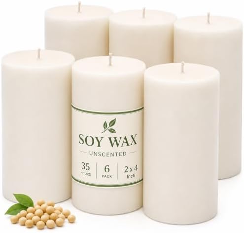 6 Pack Soy White Pillar Candles, 210 Hours Long Burning Candles, 2x4 Inch by TRIRITE