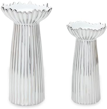 Ceramic Candle Holders for Pillar Candles, Set of 2 Candle Sticks Holder for Table Centerpiece, Silver Stripe Candle Stand for Living Room, Wedding, Dining Room, Shelf & Mantel Decor- 7.8", 9.8" H by Unknown