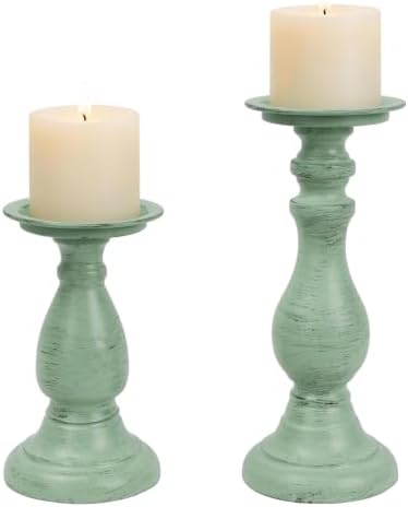 Vintage Metal Pillar Candle Holders Set of 2,Heavy Candle Stands Sage Green by CEDARLUX