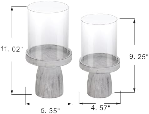 4" & 5" Glass Hurricane Candle Holders with Distressed White Solid Wooden Base in Set of 2, Decorative Centerpiece for Home, Coffee Table, Fireplace Mantel, Wedding, Modern Farmhouse Style - Image 2