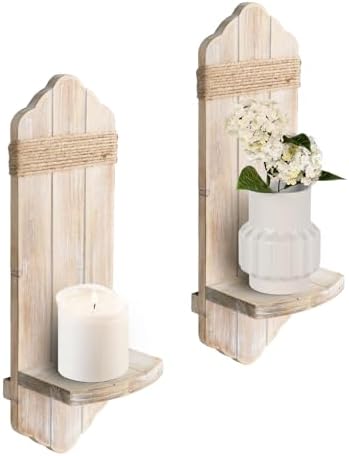 Wall Candle Sconces Set of Two, Rustic Washable White Wood Wall Candle Holder Decor, Farmhouse Wooden Candle Holder Decorations for Fireplace, Hallway, Living Room, Bedroom by CEDARLUX